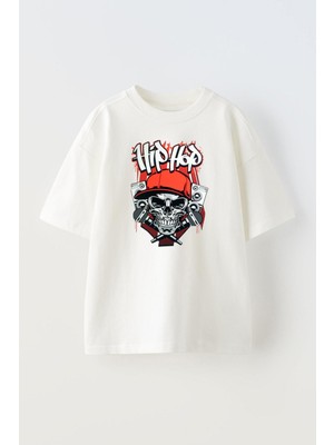 Nmg Tekstil Beyaz Oversize Pamuk Hiphop Kurukafa Baskılı Örme T-Shirt