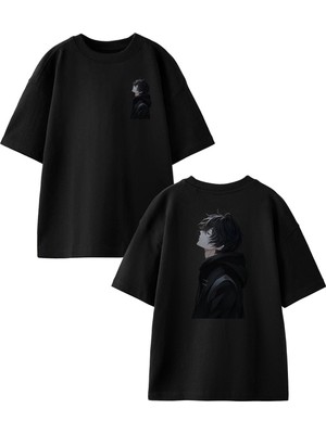 Nmg Tekstil Siyah Oversize Pamuk Yan Durmuş Cool Erkek Anime Ön Arka Baskılı Örme T-Shirt