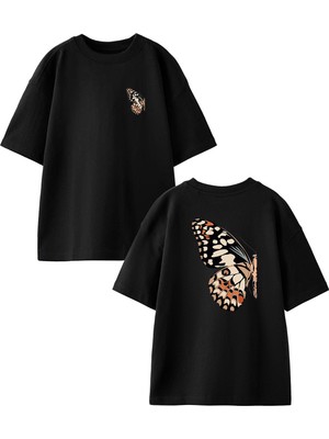 Nmg Tekstil Siyah Oversize Pamuk Yarım Kelebek Ön Arka Baskılı Örme T-Shirt