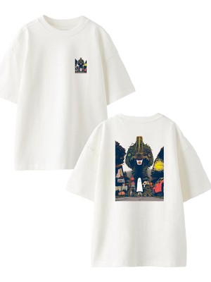 Nmg Tekstil Beyaz Oversize Pamuk Ağaç Adamlar Çocuklar Ön Arka Baskılı Örme T-Shirt