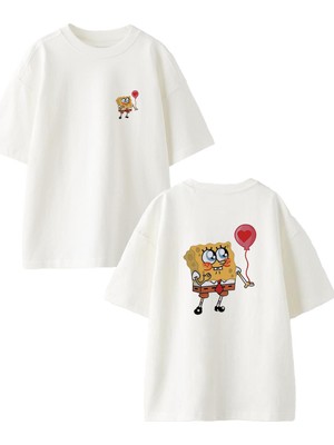 Nmg Tekstil Beyaz Oversize Pamuk Balonlu Sünger Bob Ön Arka Baskılı Örme T-Shirt