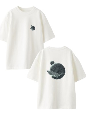 Nmg Tekstil Beyaz Oversize Pamuk Dünya Balina Ön Arka Baskılı Örme T-Shirt