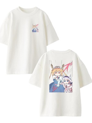 Nmg Tekstil Beyaz Oversize Pamuk Iki Küçük Kız Çizgi Kahraman Ön Arka Baskılı Örme T-Shirt