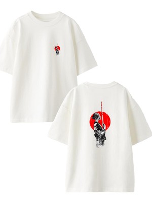 Nmg Tekstil Beyaz Oversize Pamuk Japon Samuray Kız Ön Arka Baskılı Örme T-Shirt