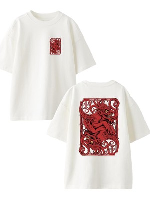 Nmg Tekstil Beyaz Oversize Pamuk Kırmızı Şeytanlar Ön Arka Baskılı Örme T-Shirt