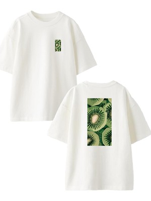 Nmg Tekstil Beyaz Oversize Pamuk Kivi Dilimlenmiş Ön Arka Baskılı Örme T-Shirt