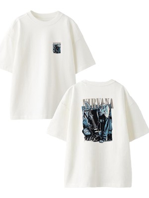 Nmg Tekstil Beyaz Oversize Pamuk Nırvana Grup Poster Ön Arka Baskılı Örme T-Shirt