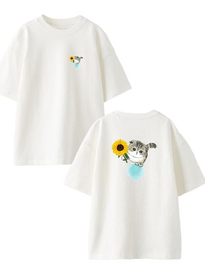 Nmg Tekstil Beyaz Oversize Pamuk Ayçiçekli Kedicik Ön Arka Baskılı Örme T-Shirt
