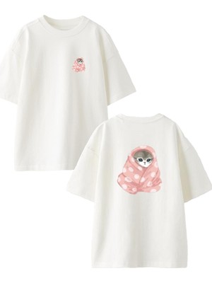 Nmg Tekstil Beyaz Oversize Pamuk Battaniye Sarılmış Kedi Ön Arka Baskılı Örme T-Shirt