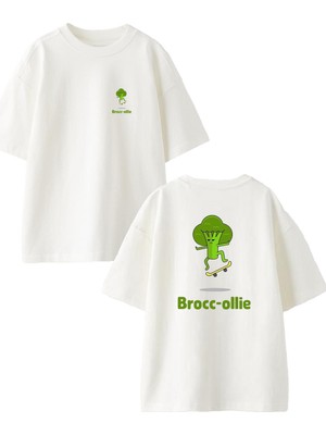 Nmg Tekstil Beyaz Oversize Pamuk Broccolie Kaykay Ön Arka Baskılı Örme T-Shirt