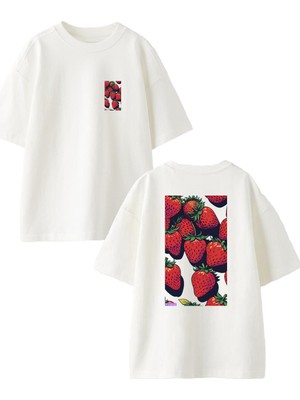 Nmg Tekstil Beyaz Oversize Pamuk Çilekler Ön Arka Baskılı Örme T-Shirt