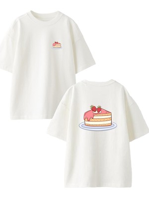 Nmg Tekstil Beyaz Oversize Pamuk Çilekli Pasta Ön Arka Baskılı Örme T-Shirt