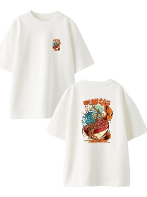 Nmg Tekstil Beyaz Oversize Pamuk Japon Yemek Tabağı Ön Arka Baskılı Örme T-Shirt