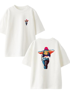 Nmg Tekstil Beyaz Oversize Pamuk Kot Pantolonlu Samuray Ön Arka Baskılı Örme T-Shirt