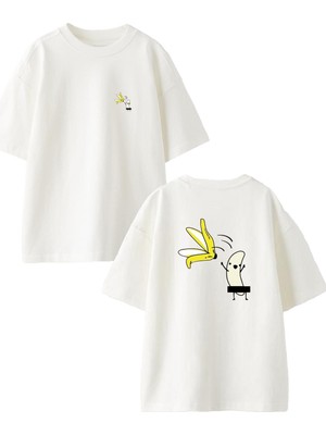 Nmg Tekstil Beyaz Oversize Pamuk Muz Kabuğu Ön Arka Baskılı Örme T-Shirt