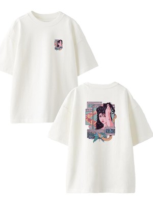 Nmg Tekstil Beyaz Oversize Pamuk Saçları Toplayan Kadın Ön Arka Baskılı Örme T-Shirt