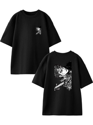 Nmg Tekstil Siyah Oversize Pamuk Elektro Gitarlı Anime Erkek Ön Arka Baskılı Örme T-Shirt