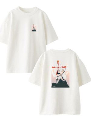 Nmg Tekstil Beyaz Oversize Pamuk Elektro Dalga Gitar Ön Arka Baskılı Örme T-Shirt