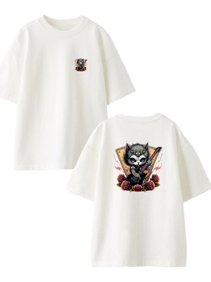 Nmg Tekstil Beyaz Oversize Pamuk Gitarlı Ufak Kedi Ön Arka Baskılı Örme T-Shirt
