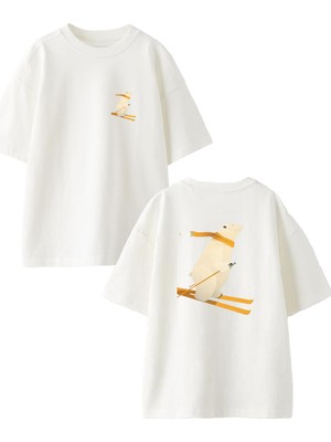 Nmg Tekstil Beyaz Oversize Pamuk Kayak Yapan Kutup Ayısı Ön Arka Baskılı Örme T-Shirt