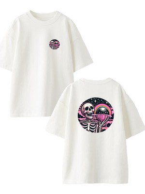 Nmg Tekstil Beyaz Oversize Pamuk Kurukafa Pembe Ufo Ön Arka Baskılı Örme T-Shirt