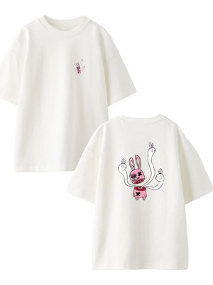Nmg Tekstil Beyaz Oversize Pamuk Oyuncak Tavşan Ön Arka Baskılı Örme T-Shirt