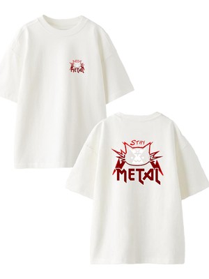 Nmg Tekstil Beyaz Oversize Pamuk Stay Metal Ön Arka Baskılı Örme T-Shirt