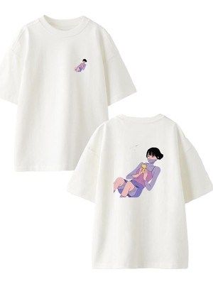Nmg Tekstil Beyaz Oversize Pamuk Telefonla Yatan Kız Ön Arka Baskılı Örme T-Shirt