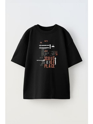 Nmg Tekstil Siyah Oversize Pamuk Out Of Place Baskılı Örme T-Shirt