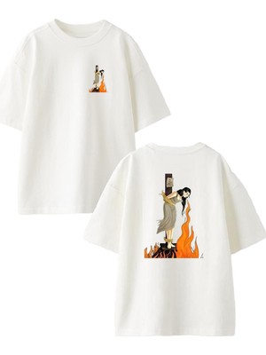 Nmg Tekstil Beyaz Oversize Pamuk Dar Ağacında Yanmak Ön Arka Baskılı Örme T-Shirt