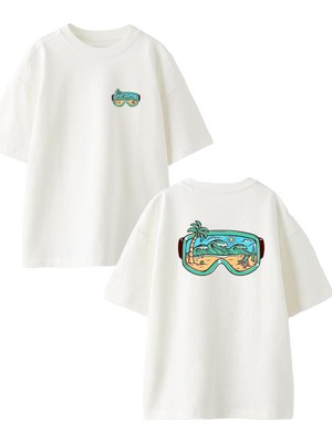 Nmg Tekstil Beyaz Oversize Pamuk Deniz Gözlüğü Kum Güneş Ön Arka Baskılı Örme T-Shirt