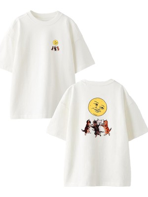 Nmg Tekstil Beyaz Oversize Pamuk Dolunay Kediler Ön Arka Baskılı Örme T-Shirt