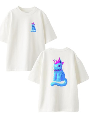 Nmg Tekstil Beyaz Oversize Pamuk Mor Kedi Taç Ön Arka Baskılı Örme T-Shirt