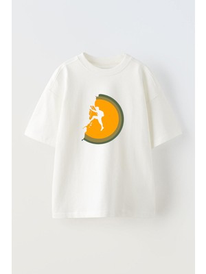 Nmg Tekstil Beyaz Oversize Pamuk Dağcı Çizim Baskılı Örme T-Shirt