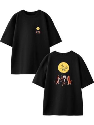 Nmg Tekstil Siyah Oversize Pamuk Dolunay Kediler Ön Arka Baskılı Örme T-Shirt