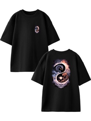 Nmg Tekstil Siyah Oversize Pamuk Ejderha Doğruluk Yanlışlık Ön Arka Baskılı Örme T-Shirt