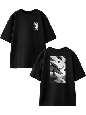Nmg Tekstil Siyah Oversize Pamuk Kurt Samuray Ön Arka Baskılı Örme T-Shirt
