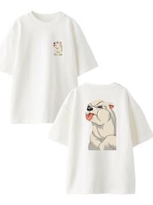 Nmg Tekstil Beyaz Oversize Pamuk Yavru Kutup Ayısı Ön Arka Baskılı Örme T-Shirt