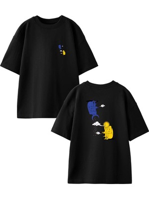 Nmg Tekstil Siyah Oversize Pamuk Güneş Yağmur Desen Ön Arka Baskılı Örme T-Shirt