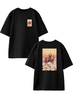 Nmg Tekstil Siyah Oversize Pamuk Kağıtlar Oda Şeytan Varlık Ön Arka Baskılı Örme T-Shirt