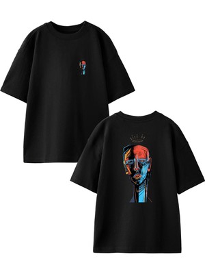 Nmg Tekstil Siyah Oversize Pamuk Renkli Yüz Eski Çağ Ön Arka Baskılı Örme T-Shirt