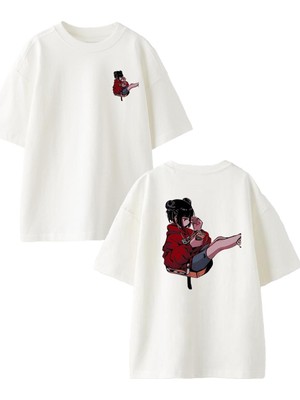 Nmg Tekstil Beyaz Oversize Pamuk Anime Kadın Ayak Ön Arka Baskılı Örme T-Shirt