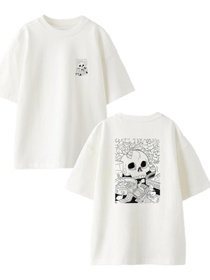 Nmg Tekstil Beyaz Oversize Pamuk Karikatür Çizim Kurukafa Ön Arka Baskılı Örme T-Shirt
