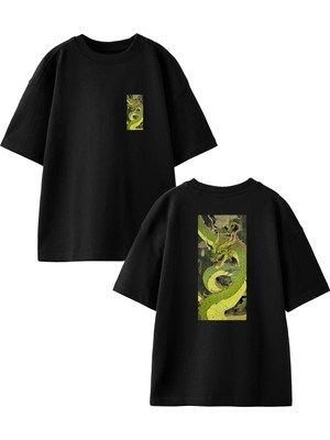 Nmg Tekstil Siyah Oversize Pamuk Yeşil Yılan Ejderha Ön Arka Baskılı Örme T-Shirt