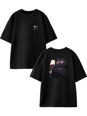 Nmg Tekstil Siyah Oversize Pamuk Zengin Siyah Kedi Ön Arka Baskılı Örme T-Shirt