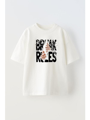 Nmg Tekstil Beyaz Oversize Pamuk Break Rules Baskılı Örme T-Shirt