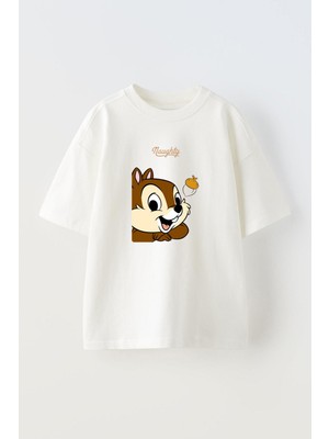 Nmg Tekstil Beyaz Oversize Pamuk Yavru Sincap Fındık Baskılı Örme T-Shirt