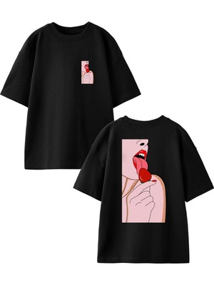 Nmg Tekstil Siyah Oversize Pamuk Çilek Kadın Yemek Ön Arka Baskılı Örme T-Shirt