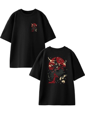Nmg Tekstil Siyah Oversize Pamuk Japon Poster Kuşlar Ön Arka Baskılı Örme T-Shirt