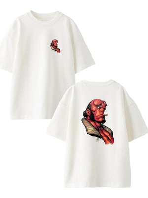 Nmg Tekstil Beyaz Oversize Pamuk Kırmızı Drakula Ön Arka Baskılı Örme T-Shirt